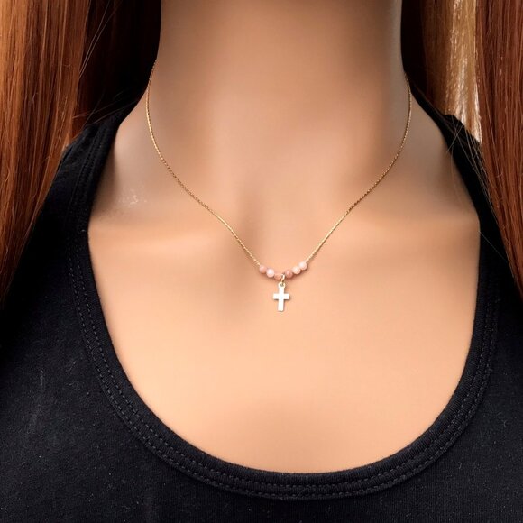 Beaded Cross necklace, gold, Easter gift, Christian gift, minimalist, gemstone, - Picture 2 of 6